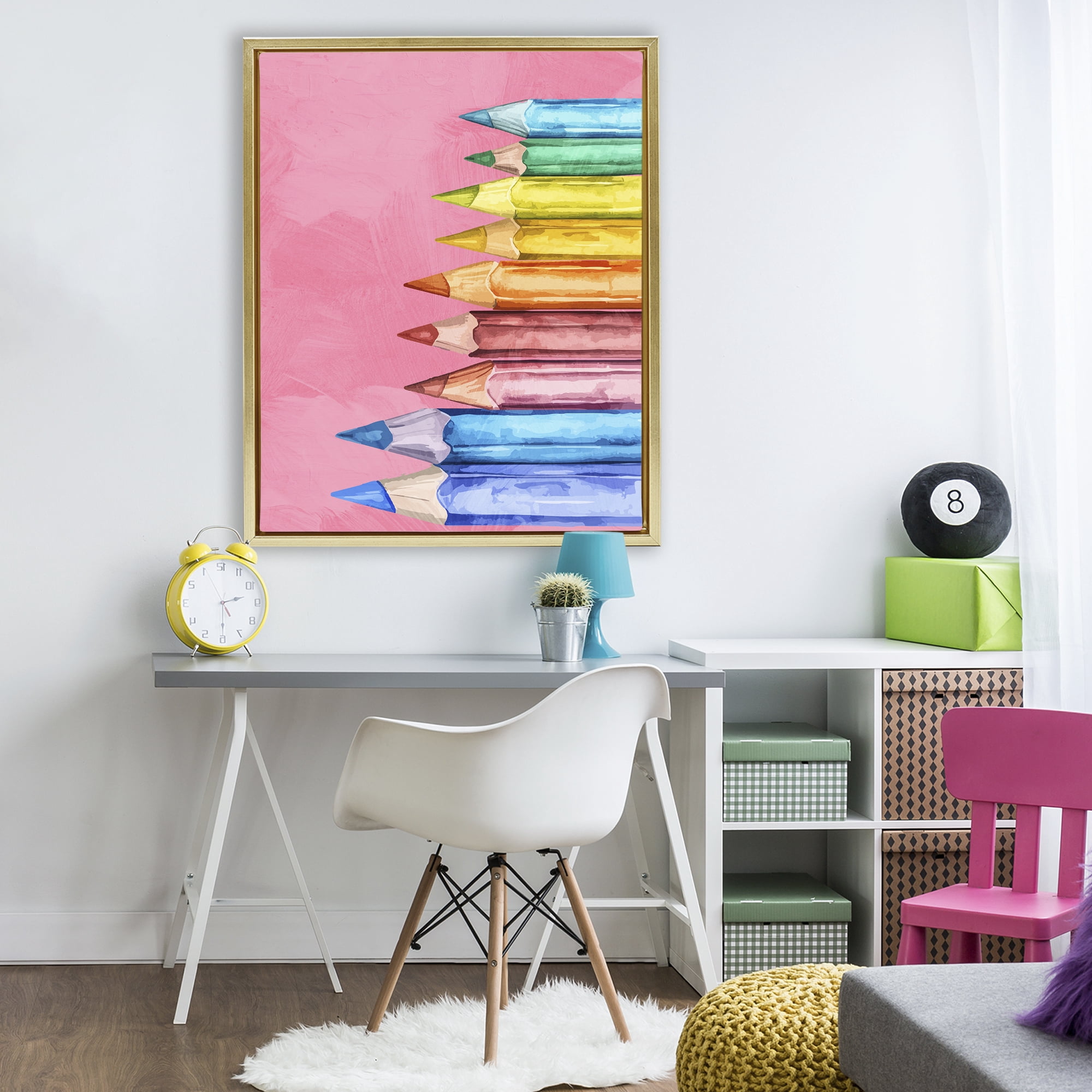 Stupell Industries Vibrant Pencils on Pink Gold Framed Floater Canvas Wall Art, design by Kim Allen