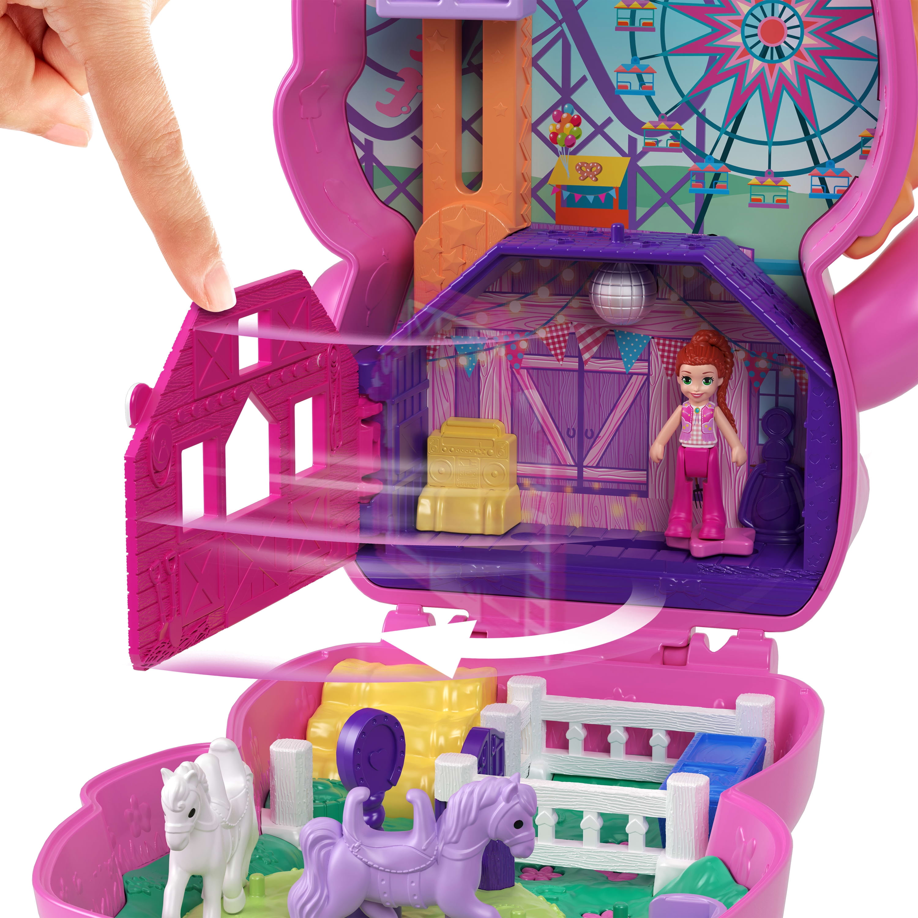 Polly Pocket Pony Rodeo Compact Playset with 1 Micro Doll and Pet Horses, Travel Toy with Food & Styling Accessories