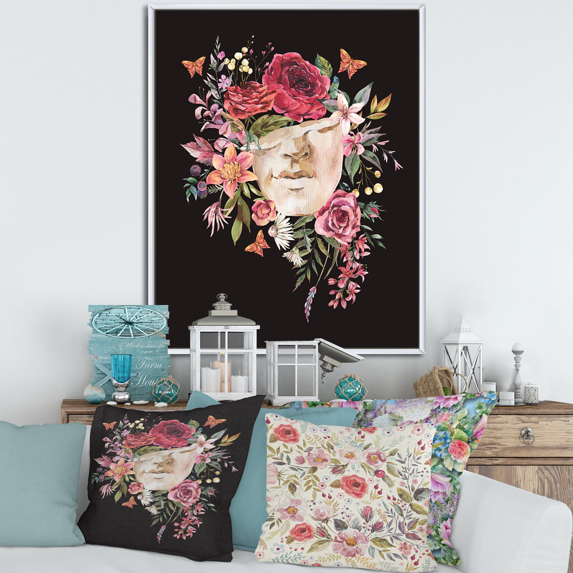 Designart 'Ancient Greek Sculpture Detail With Dry Flowers' Traditional Framed Canvas Wall Art Print
