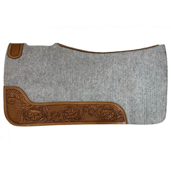 30" x 32" Gray Felt Saddle Pad w/ Tooled Top Grain Wear Leathers