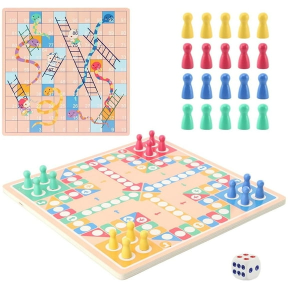 Snakes and Ladders Game, 2-in-1 Wooden Ludo Game Set -Board Game Flying Snake Chess Family Game Toy Draughts Board Game Includes 1 Dices and 20 Game Pieces Ludo Board Game for Kids and Adults