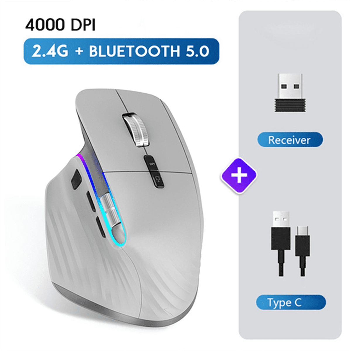 Wireless Mouse Bluetooth 5.0 Mouse 2.4G Wireless Portable Optical Mouse Ergonomic Right Hand Computer Mice Gray Plastic Gray,1x Wireless Mouse
