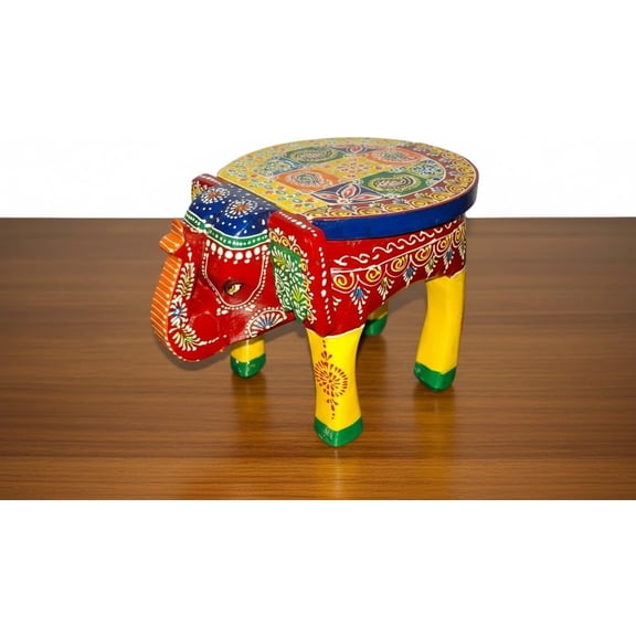 Wooden Hand-Painted Elephant Stool – 8 Inch Decorative Accent