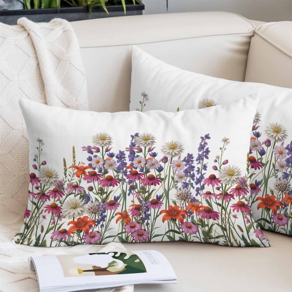 Spring Floral Pillow Protectors with Zipper Standard Size, Watercolor Daisy Lily Lavender Plants Garden Soft Brushed Microfiber Throw Pillow Covers, Pillowcase for Couch Sofa Bedroom 20"x26"