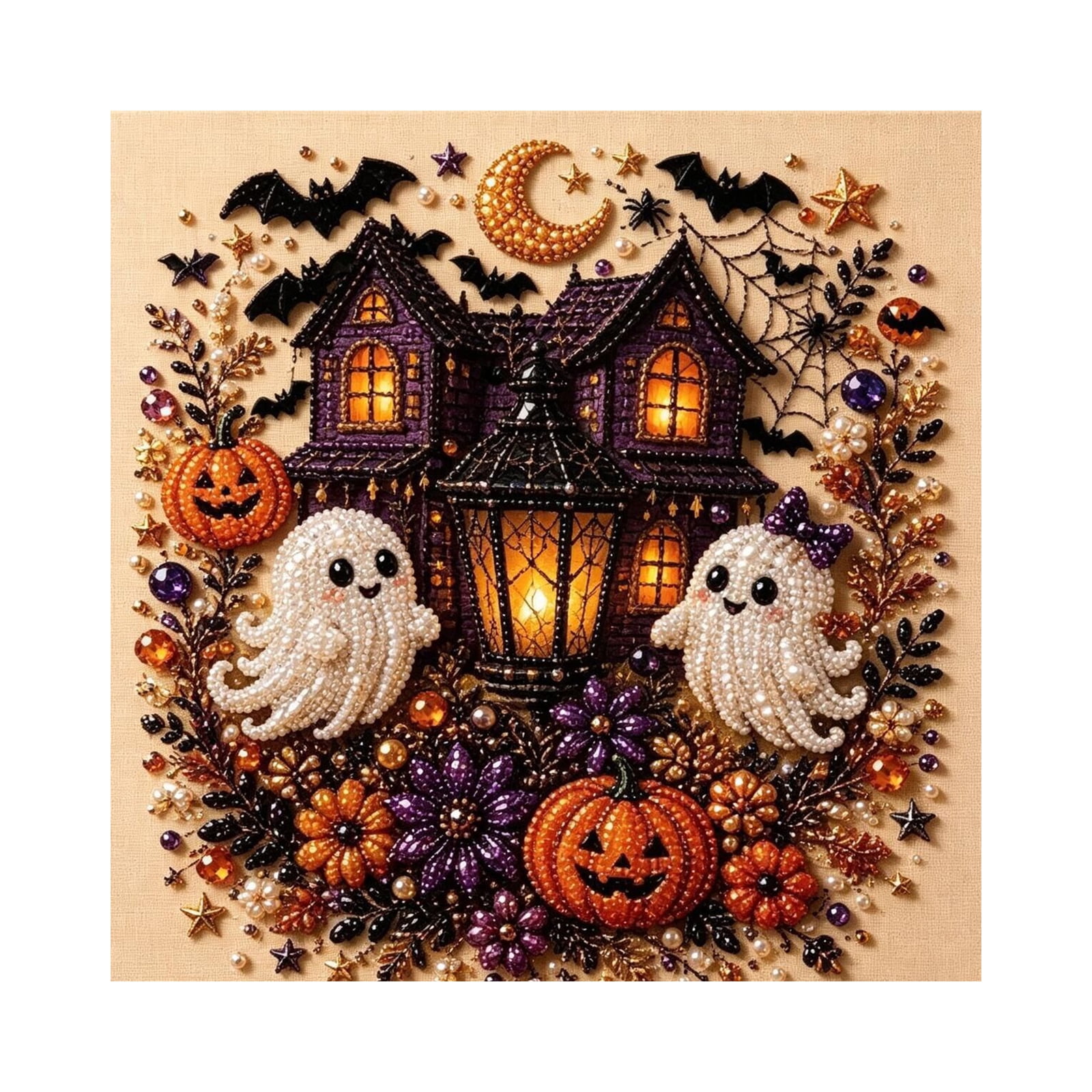 Halloween Pearl Art Diy Kit with 3D Ghost and Haunted House Design Square Canvas Multicolor for Adults Crafting Holiday Decoration