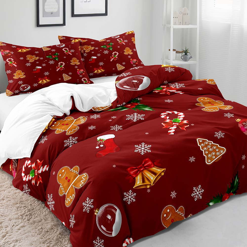 LUVIVIHOME 2PCS Red Christmas Duvet Cover Twin Bedding Sets, Boys Girls Kids Bedding, Xmas Cute Gingerbread Man Candy Cane Jingle Bell Snowflake Holiday Christmas Comforter Quilt Cover, 1 Pillow Sham