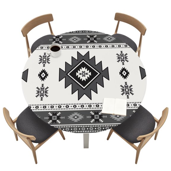 Round Table Cloth with Elastic Fitted Edged, Southwestern Aztec Vintage Geometric Waterproof Tablecloth for 55"-60" Tables Ethnic Tribal Gray Theme Wipeable Table Cover for Kitchen Picnic Camping