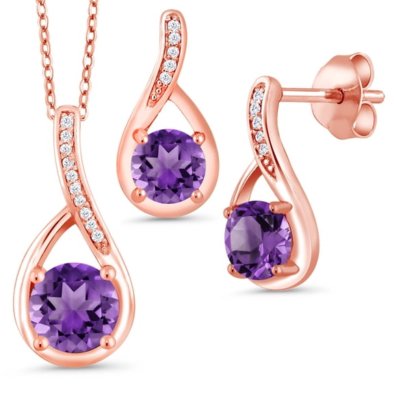 Gem Stone King 1.74 Ct Round Purple Amethyst 18K Rose Gold Plated Silver Diamond Pendant and Earrings Jewelry Set