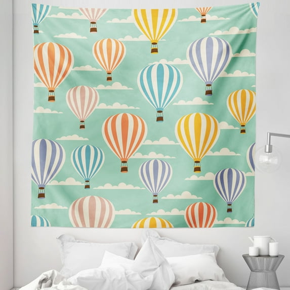 Colorful Tapestry, Colorful Retro Travel Balloons Texture Cloud Blue Sky Adventure Modern Art, Fabric Wall Hanging Decor for Bedroom Living Room Dorm, 5 Sizes, Blue Orange Purple, by Ambesonne