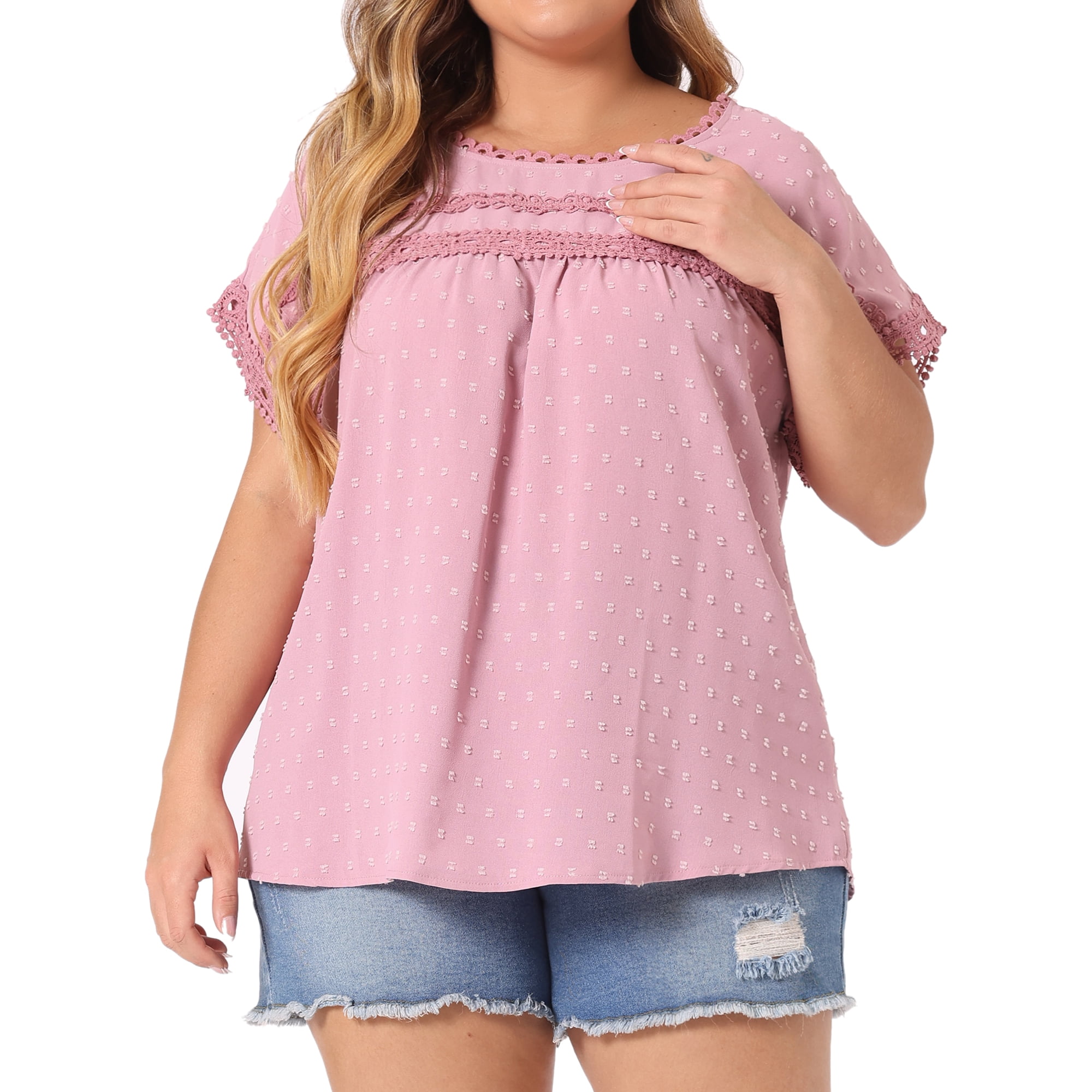 Women's Plus Tops with Swiss Dots Crew Neck Short Sleeve Casual Blouses 4X Pink