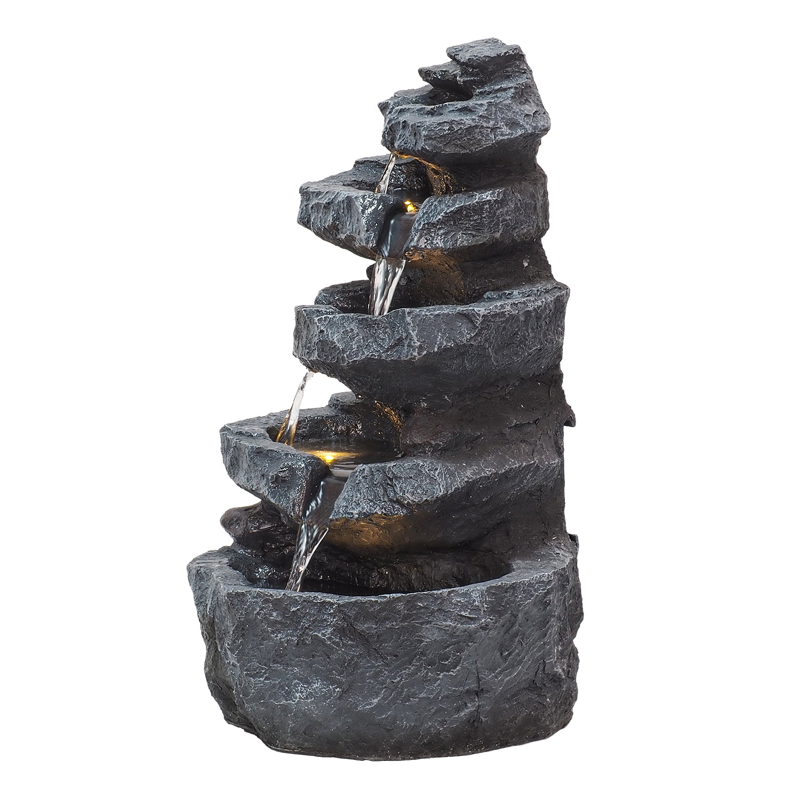 5-Tiered Cascading Rock, 22" High Outdoor Garden Waterfall with LED Lights And Pump, Resin Water Fountain for Garden, Patio, Yard, Deck Decor