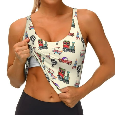 Qokaie Retro Steampunk Vehicle1 Pattern Womens Scoop Neck Sports Bra Breathable Workout Vest Padded U Back Medium Impact Fitness Gym Yoga Bra Workout Crop Top