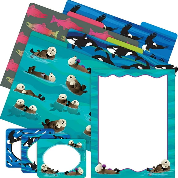 Barker Creek Get Organized Office Kit, Sea & Sky Otters, with 12 Coordinating Designer File Folders, 50 Sheets of Colorful Computer Paper, and 45 Versatile Self-Adhesive Labels/Name Tags (122)