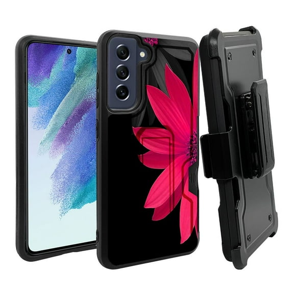 ANJ  Rugged Dual Layer Shockproof Holster Case w/Card Slot   Tempered Glass Cover for Samsung Galaxy S21 FE 5G - Pink Floral