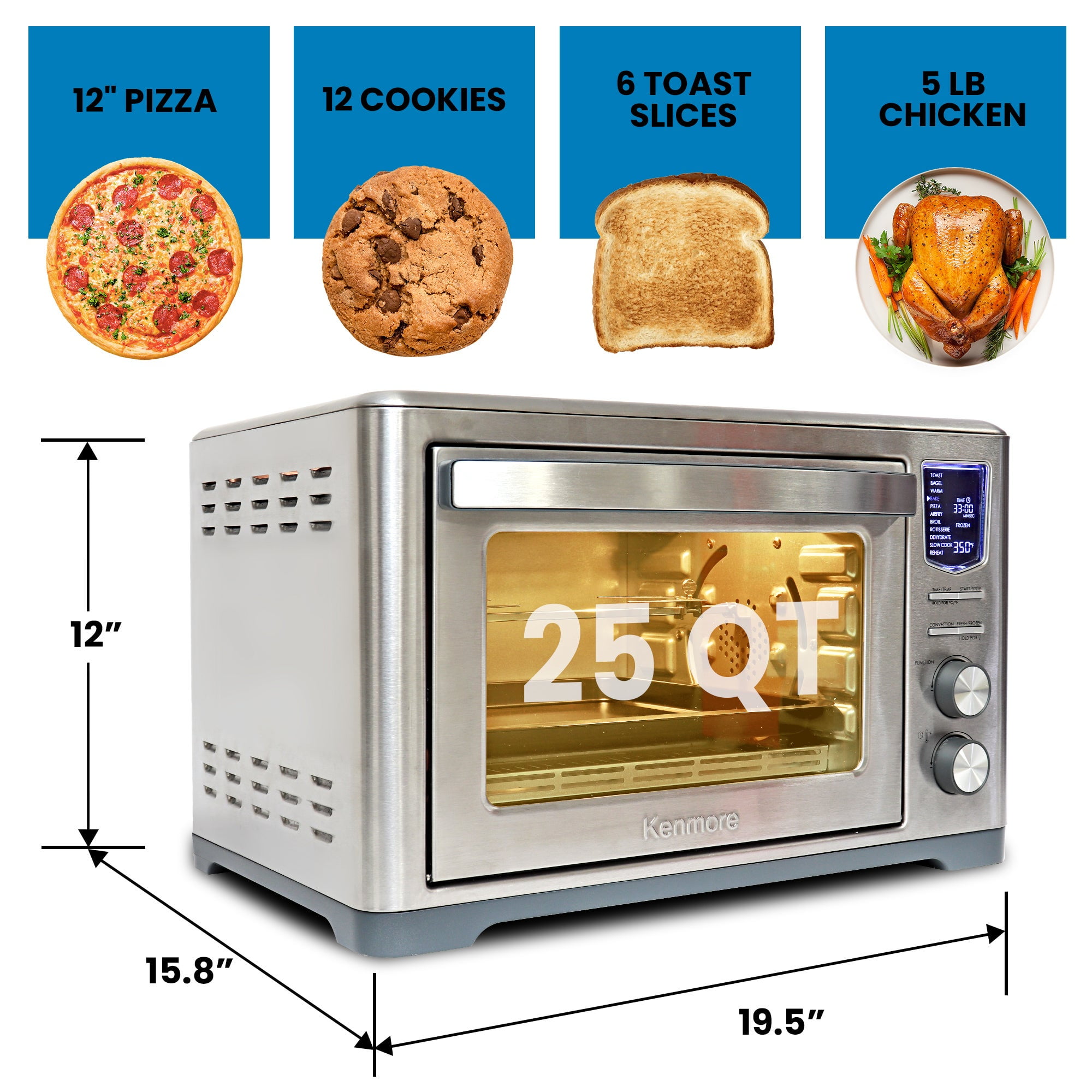 Kenmore 11-In-1 Digital Air Fryer Convection Toaster Oven Rotisserie 25 QT 1700W Countertop Oven, Presets Incl Bake, Pizza, Broil, Slow-Cook & Dehydrate, Dishwasher-Safe Accessories, Stainless Steel