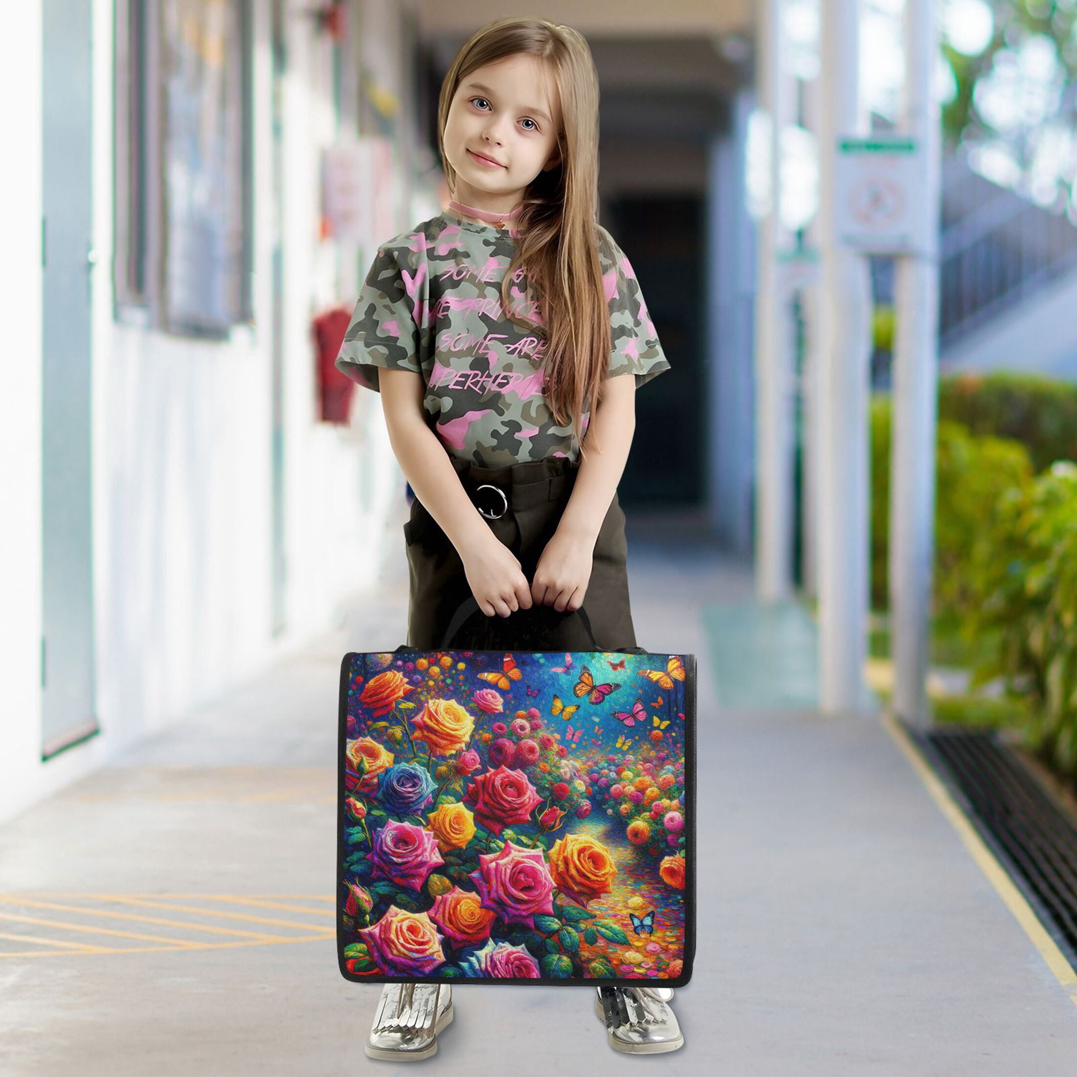 3 Ring Zipper Binder with Shoulder Strap Waterproof Trapper Keeper 2 Inch D-Ring 500 Sheets Capacity Rainbow Rose and Butterflies