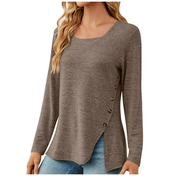 Long Sleeve Shirt Women Ladies Fashion Solid Color Long Sleeve Square Neck Button Shirt Woman Casual Loose Top Womens Long Sleeve Tops Women's Long Sleeve Tops Long Sleeve Shirts Women
