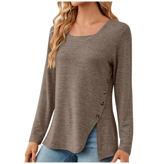 ZKCCNUK Ladies Tops Fashion Color Long Sleeve Neck Button Shirt Casual Loose,Sizes S-2XL