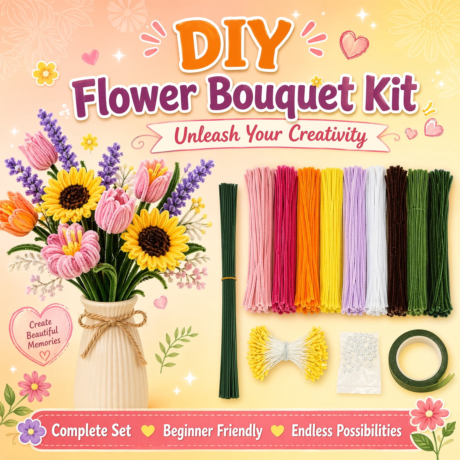 900Pcs Pipe Cleaners Craft Pipe Cleaners Flowers Kit 9 Color Chenille Stem with 40 Stem Glue Stick Floral Tape Stamen Ribbon Wrapping Paper Handmade Bouquet for Arts DIY Craft Supplies