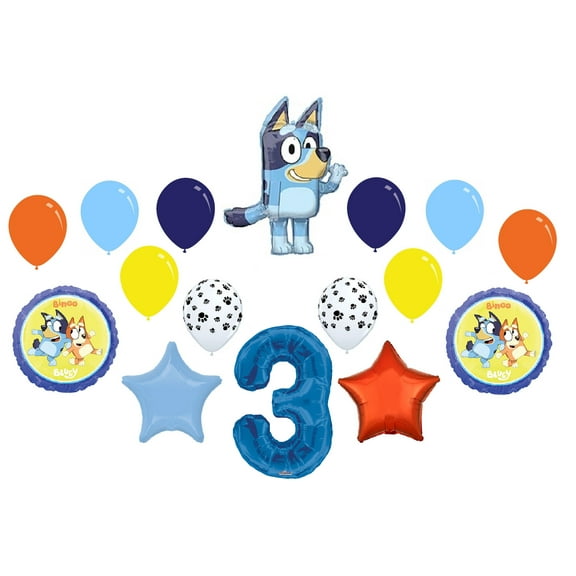 Bluey 3rd Birthday Party Bingo Blue Heeler Dog Puppy 16 Piece Mylar Balloons Set