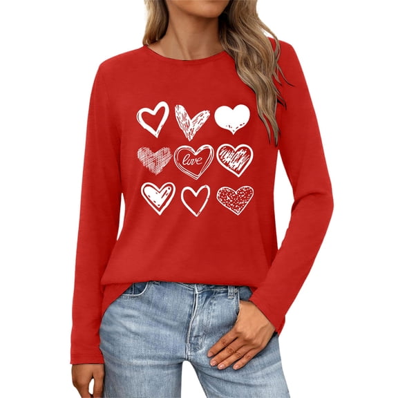 Valentine Shirt Women Love Heart Graphic Tops Shirts Graphic Shirt Pullover Long Sleeve Ladies Clothing