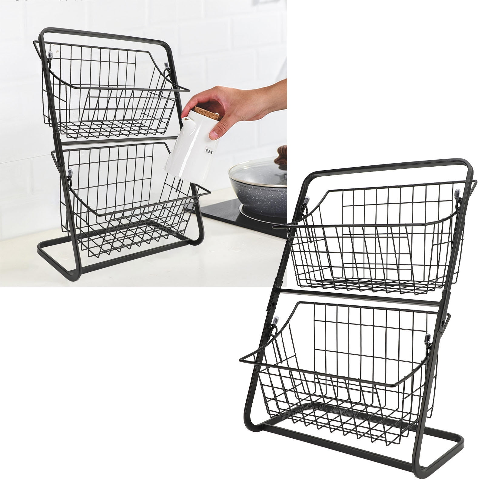 YAHHU Kitchen Fruit Storage Basket Multipurpose Carbon Steel Mesh Hollow Design 2 Tier Fruit Basket Bowl for Kitchen Counter Space Saving Black