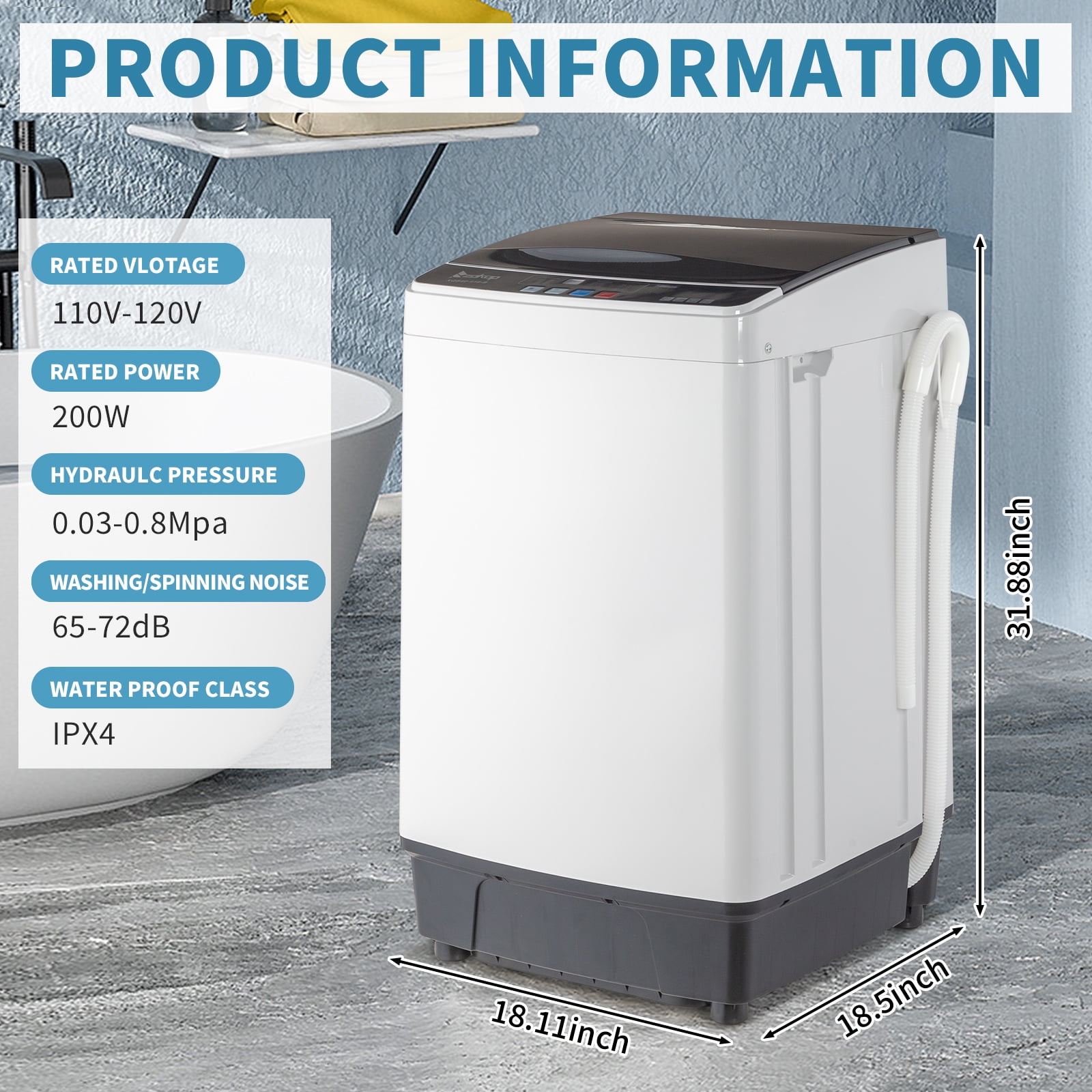 Full-Automatic Washing Machine Top Load Laundry Spin with Drain Pump 17.8 Lbs Capacity