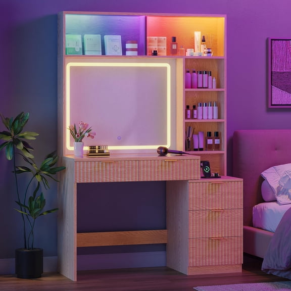 Afuhokles Fluted Vanity Desk with Lighted Mirror and Charging Station, Wooden Makeup Vanity with Glass Cabinet, 5 Drawers Dressing Table, Oak