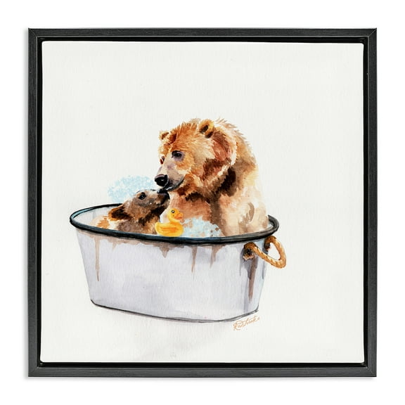 Stupell Industries Mother Bear & Cub Bathing Animals & Insects Painting Black Floater Framed Canvas Art Print Wall Art, 18 x 18