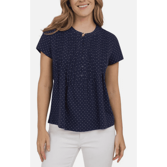 Lands' End Women's Short Sleeve Pintuck Blouse Navy Large