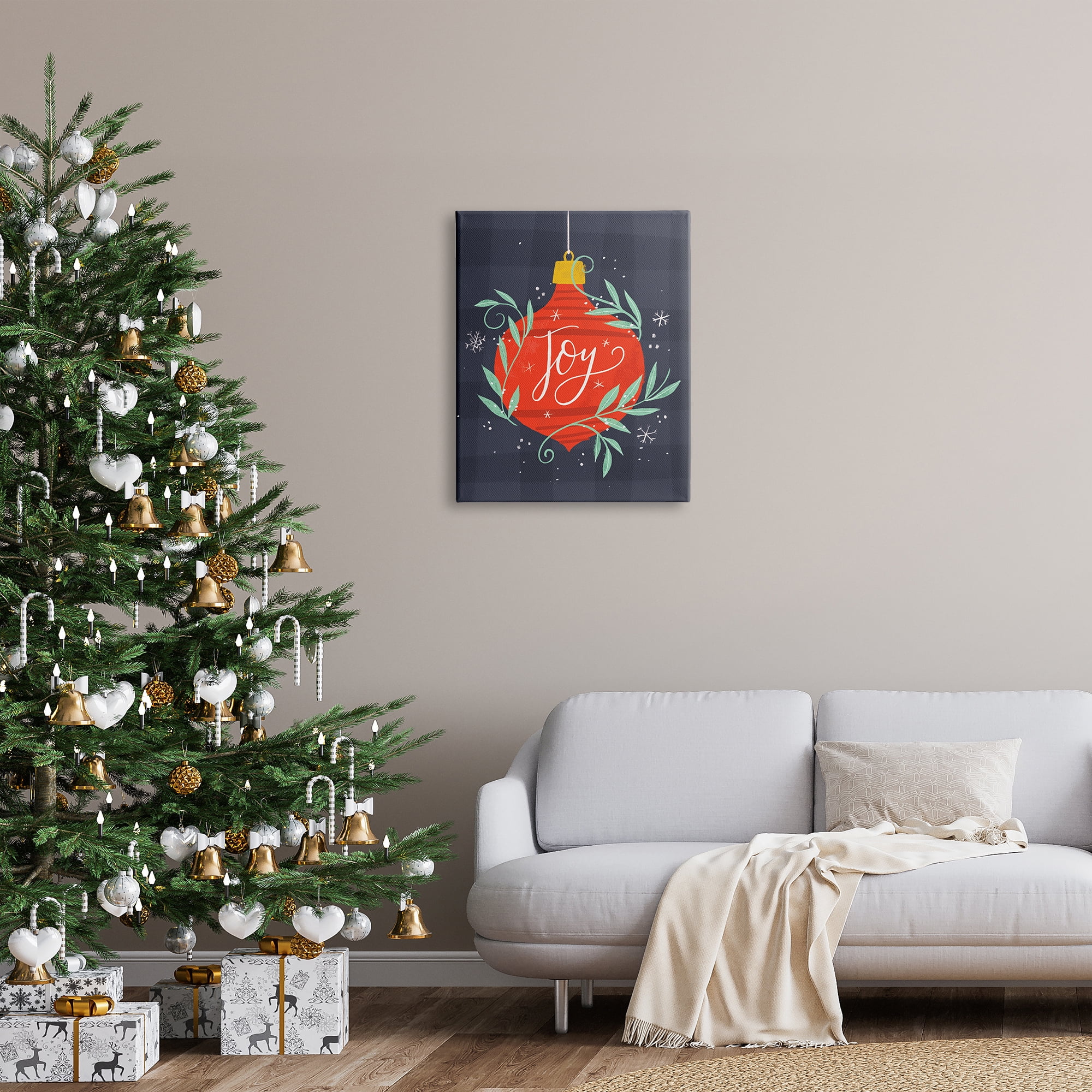 Stupell Indtries Joy Sentiment Festive Red Holiday Ornament Grey Plaid,24 x 30,Design by Loni Harris