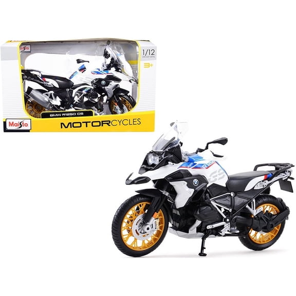 Diecast BMW R1250 GS White with Blue and Red Stripes 1/12 Diecast Motorcycle Model by Maisto
