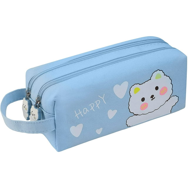 Cute Fox Pencil Pouch, Kawaii Large Capacity Green Pencil Case, Stationery Organizer Bag, High School College Pen Case, Office Supply Case Organizer (Mint Green)-Sky Blue