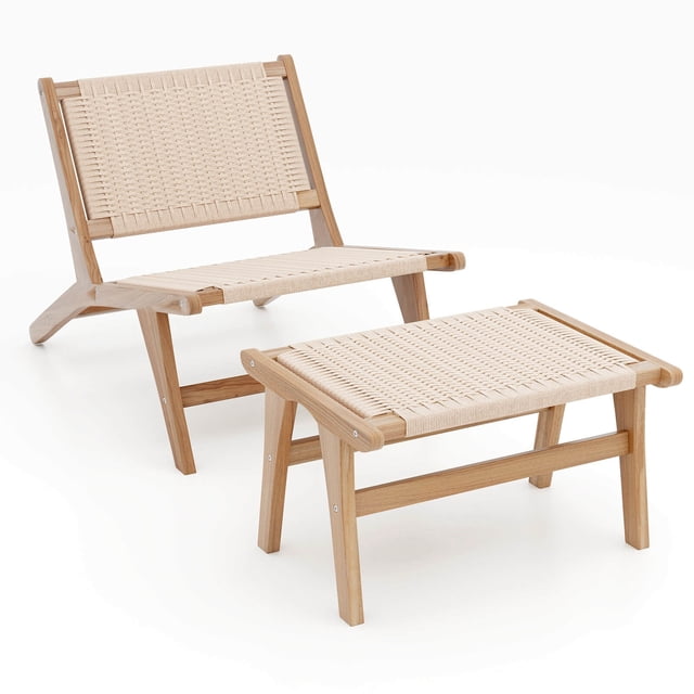 Costway Chaise d'Appoint Mid-Century Moderne avec Ottoman Cadre en Bois de Teck Style Ferme