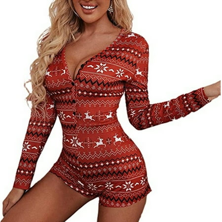 

Sunisery Women s Sexy Christmas Short Jumpsuit Long Sleeve Button Down V Neck One Piece Pajamas Romper Xmas Bodycon Pajama Party