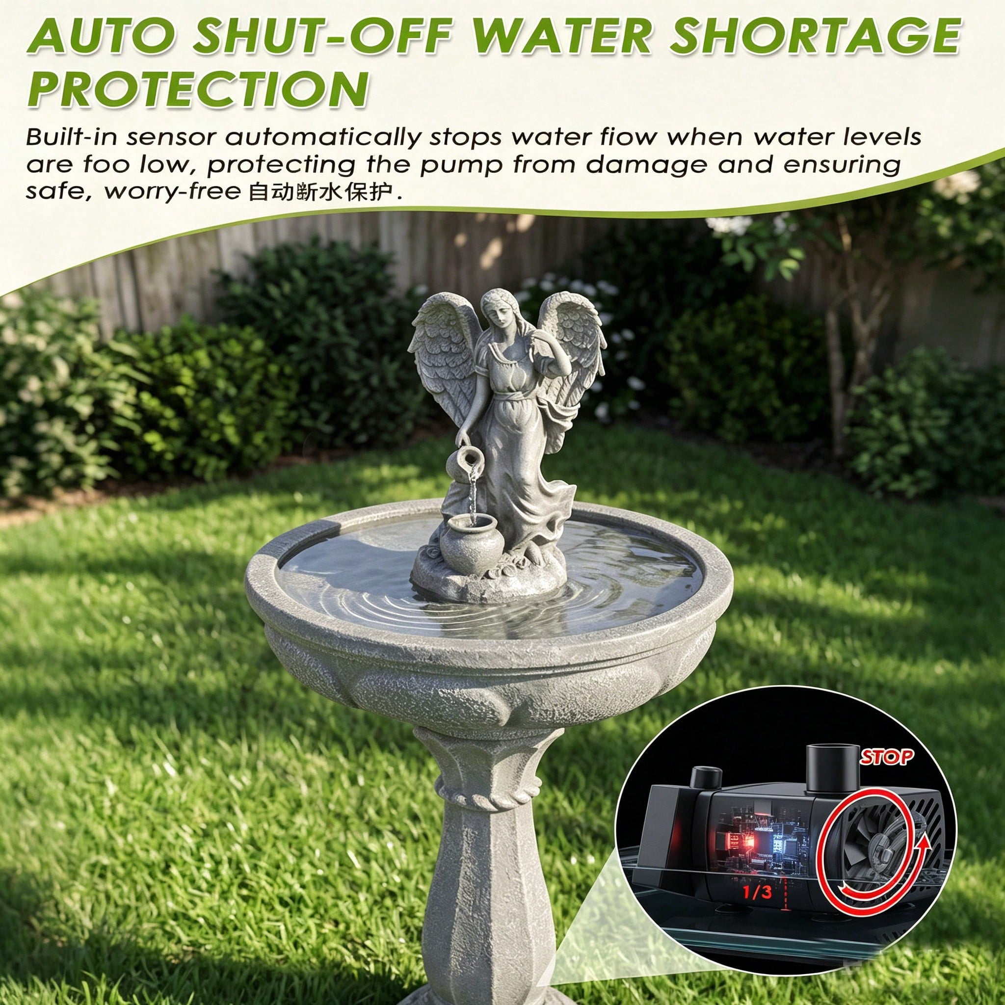 37 Inch Angel Statue Pedestal Water Fountain, 2-Tier Resin Outdoor Waterfall Fountain, UV & Weather Resistant, Auto Water Shortage Shutoff, Stable Anti-Splash Design for Yard Lawn Decor