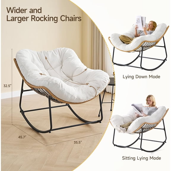 Oversized Outdoor Rocking Chair with Soft Cushions White Rattan Wicker Lounge Seating for  Garden