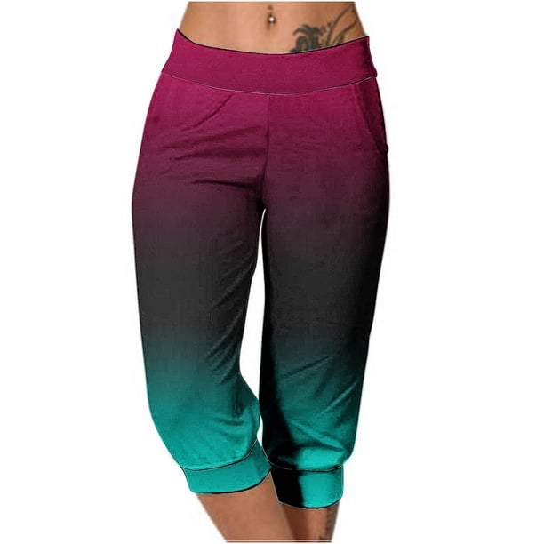 Mujeres Capri Pantalones Casual Suelto Largo Pantalones de Impresión con Corbata Elástica Cintura Y Bolsillos