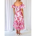 thumbnail image 2 of Women'S Summer Casual Midi Dress Puffy Short Sleeve Square Neck Smocked Tiered Ruffle Dresses Light Red Flowers S, 2 of 5