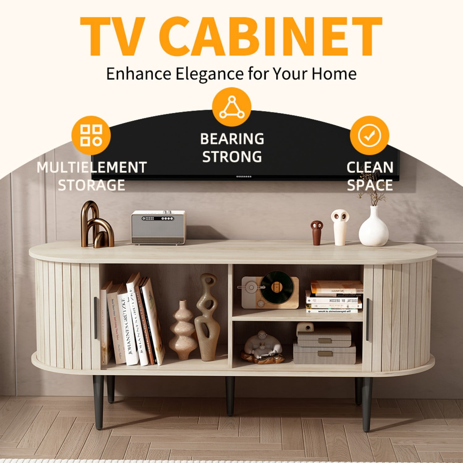 47" Modern TV Stand with Sliding Door Storage Cabinet, Mid Century Media Console Table for Living Room, Bedroom, Office, Natural