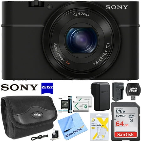 Sony Cyber-shot DSC-RX100 20.2 MP Compact Digital Camera with F1.8 Zeiss Vario-Sonnar T* lens w/3.6x zoom Bundle with 64GB Memory Card Spare Battery Case LCD Screen