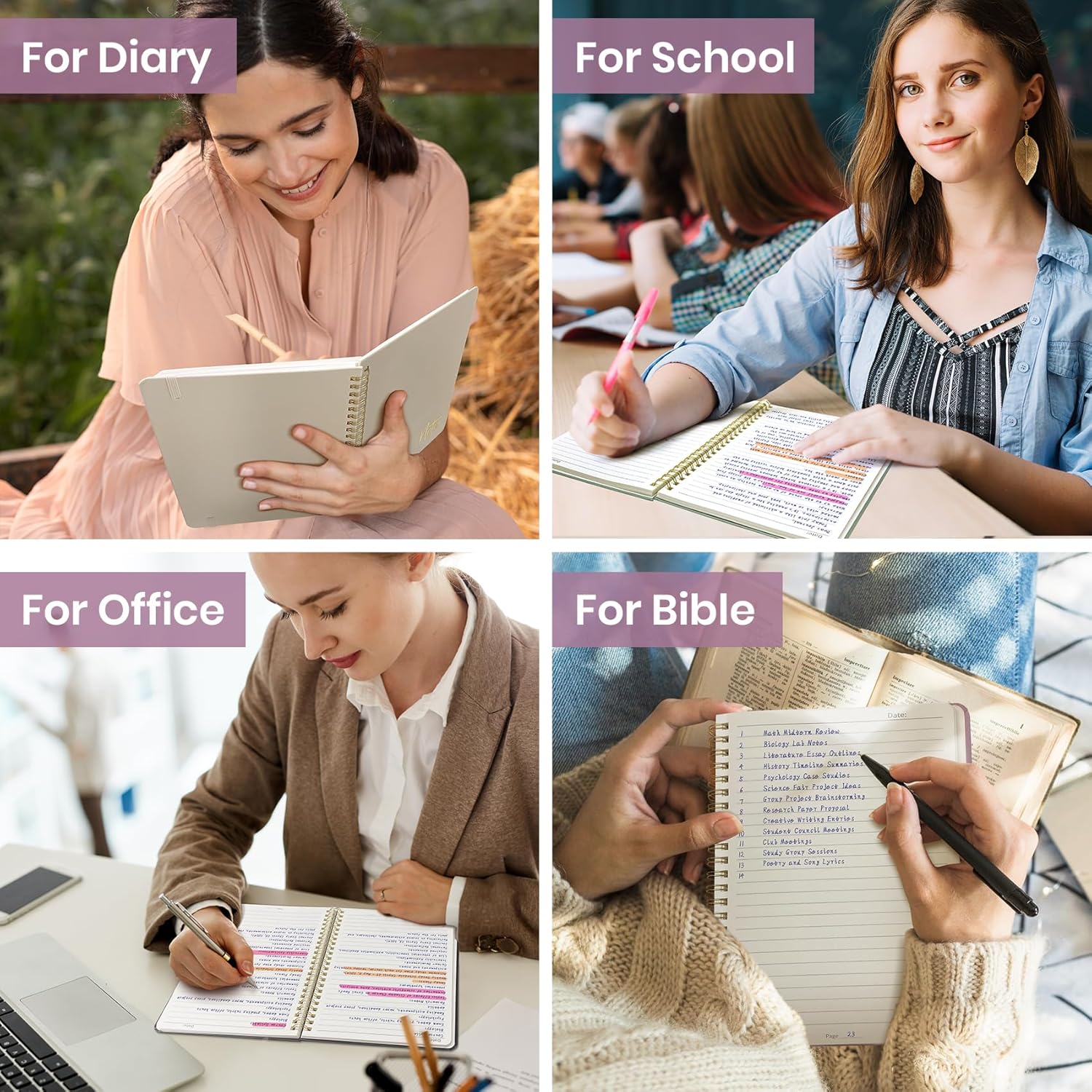 Lined Spiral Journal Notebook for Women, 6 Pack, A5 College Ruled Journals for Writing, Hardcover Notebooks for Work, Note taking and Office School Supplies,140 Pages, 6 Pcs - Purple