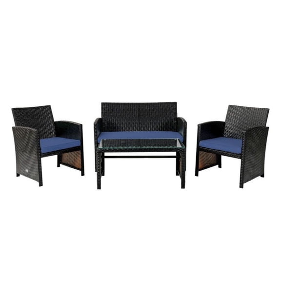 4 Piece Patio Furniture Set, Rattan Wicker Outdoor Sofa Set with Cushions & Tempered Glass Coffee Table for Garden, Poolside, Balcony - Weather Resistant