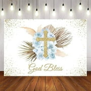 God Bless Backdrop for Girls Boho First Communion Confirmation Baptism Party Background Pink Floral Christening Gold Cross Banner Decorations