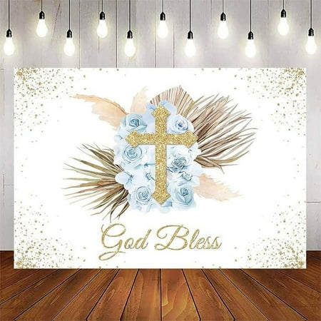 God Bless Backdrop for Girls Boho First Communion Confirmation Baptism Party Background Pink Floral Christening Gold Cross Banner Decorations