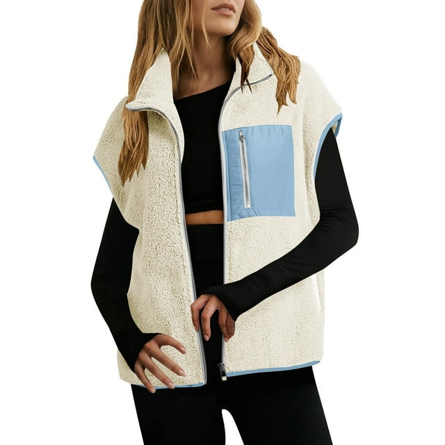 Maean Vestes Sans Manches en Sherpa pour Femmes, Manteau Cardigan en Polaire à Fermeture Éclair, Veste Chaude et Douce pour l'Hiver