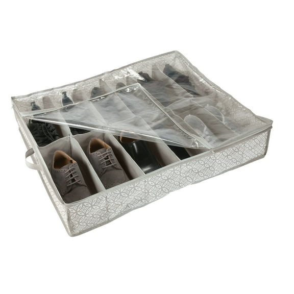 Simplify 12 Pair Boho Print Fabric Under the Bed Shoe Storage Bag in Grey