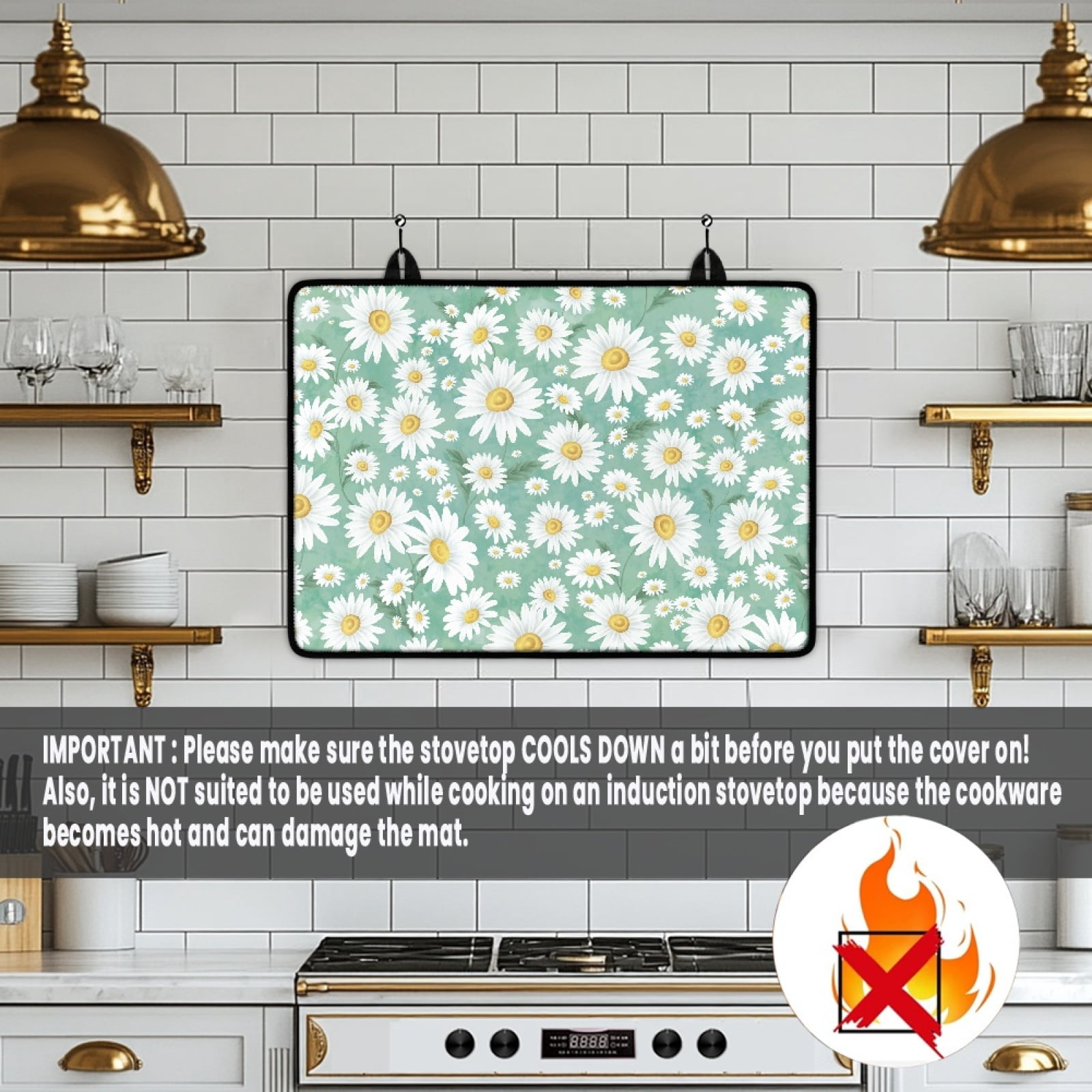 Renewold Stove Top Cover for Glass Stove Top, Ceramic Glass Stove Cover Mat Oil Resistant Prevent Scratching Oven Mat Protector Expands Usable Space, Daisy Green