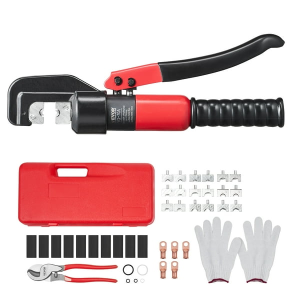 VEVOR Hydraulic Crimping Tool with 9 Sets of Dies AWG12-2/0 Copper And Aluminum Terminal Battery Lug Crimper, with a Cutting Pliers, Gloves, 5pcs Copper Ring Connectors, 8pcs Heat Shrink Sleeves