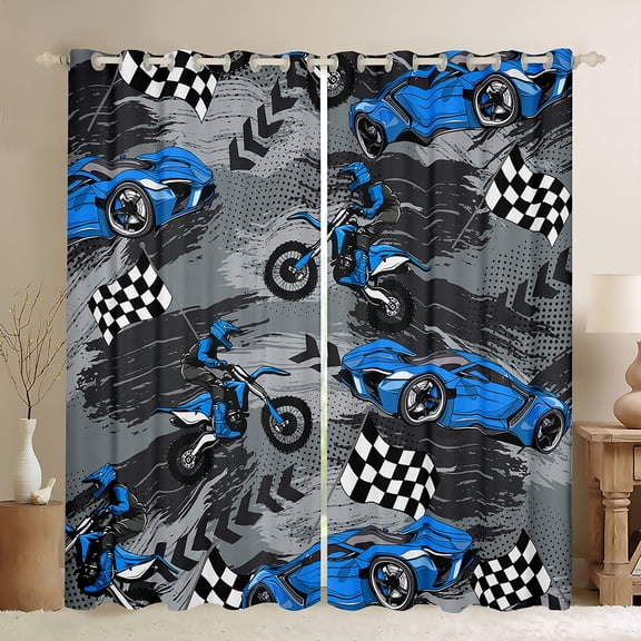 Manfei Blue Dirt Bike Black Out Curtains, Motocross Game Curtains Pack of 2 (42x63 Each), Racing Car Bedroom Curtains, Luxury Home Decor
